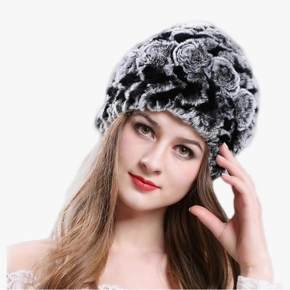 Black and Gray Rabbit Fur Winter Beanie Hat - Picture 1 of 7